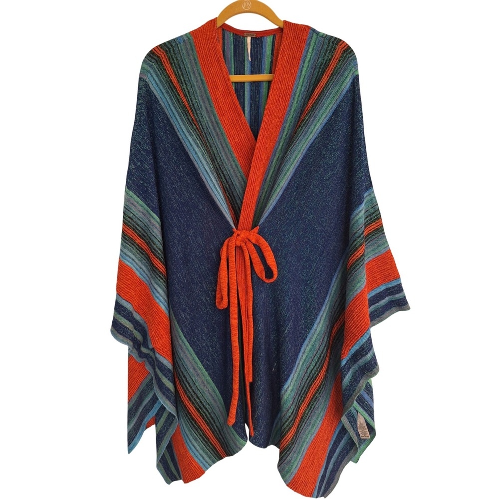 Free People Women Metallic Stripe Tie Front Sweater Sharkbite Hem Boho One Size